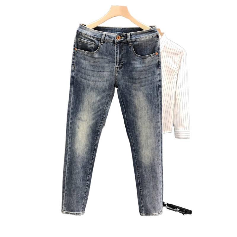 Spring and autumn new high-end printed men's jeans trendy slim-fitting small feet retro versatile men's nine-point trousers