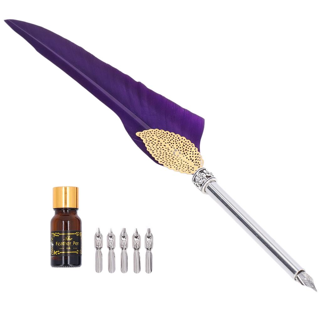 Quill Pen Set Exquisite Feather Design Retro Hollow Style Calligraphy Pen with Empty Ink Bottle Metal Nib SP101014