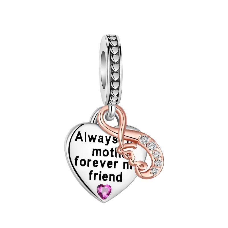 Sparkling Birthstone Charms Copper Heart Mom Key Pendant Bead Fit Original Necklace Bracelet Women Jewelry Diy Gift