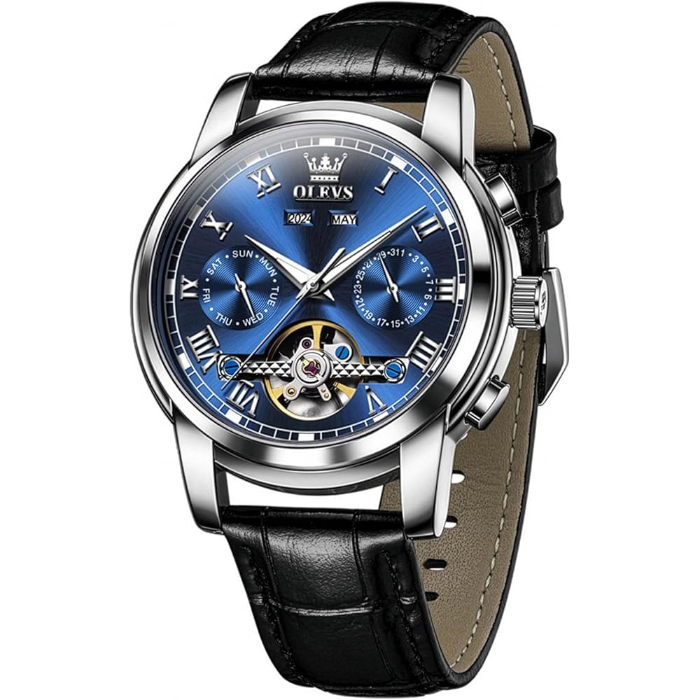 OLEVS Men s Automatic Tourbillon Chronograph Big Face Watch Moon Phase Calendar Waterproof Black Strap Blue Dial