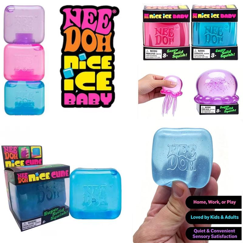 Nee Doh Jellyfish & Cube Squish Toy, Soft Jelly Squeeze Stress Relief Fidget Toy, Sensory for Kids & Adults