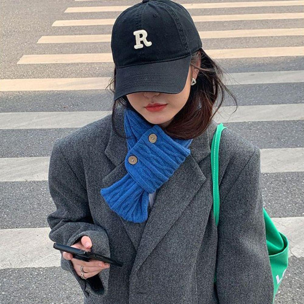 Solid Color Knitted Scarf Button Women Winter Neckerchief Retro Cross Scarf  Winter