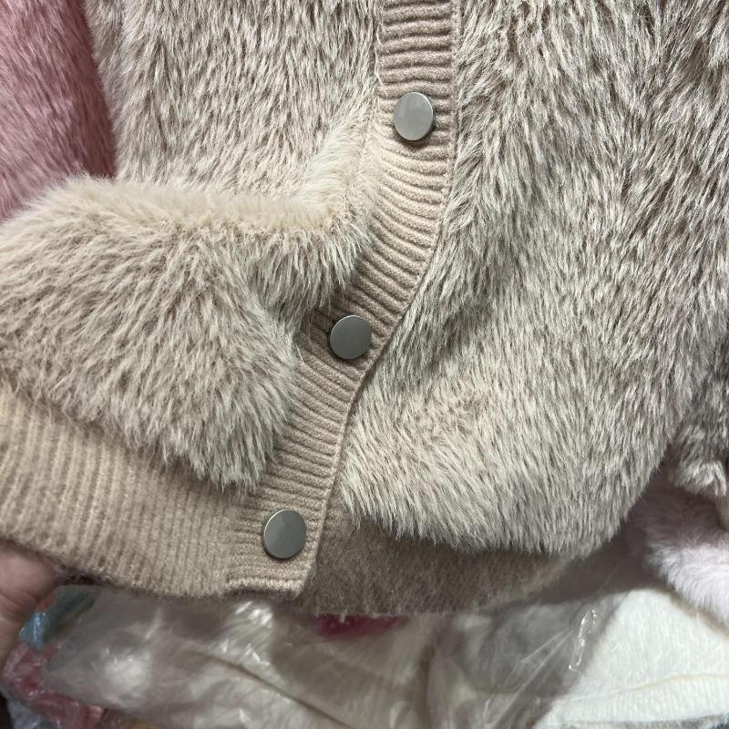 2026 Women Fur Faux Knitted Cardigan Sweater Jacket Korean Style Womens Sweaters Autumn Female Clothes Vinatge Knitwear V Neck Outfits