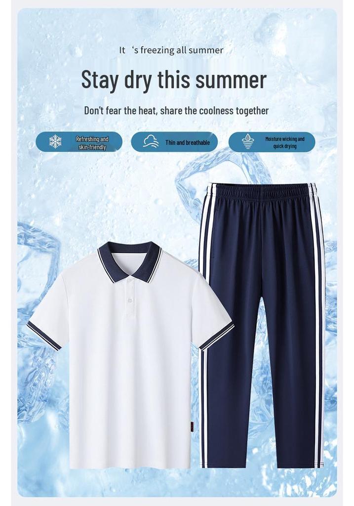 Light Blue Short-Sleeve Polo School Uniform Set for Middle and High School Students