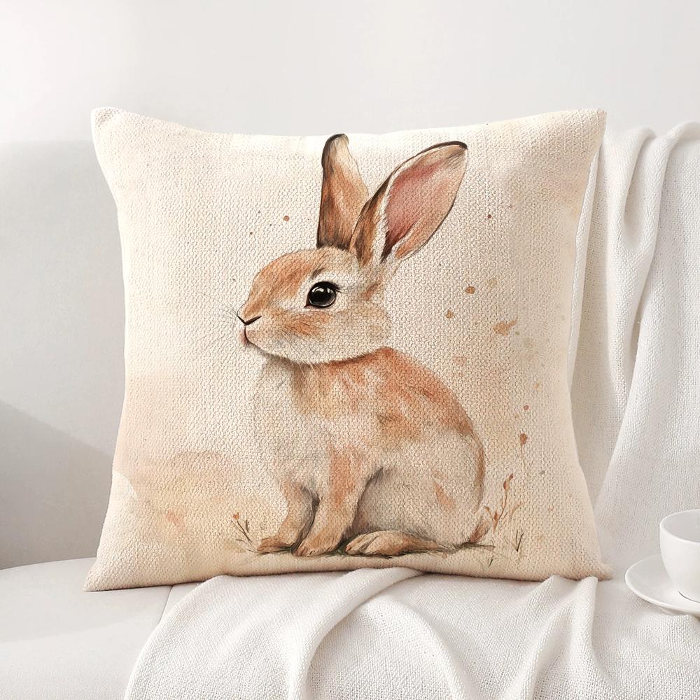 Retro Easter Bunny Cushion Cover Natural Linen Organic Fabric DoubleSided Printing Sofa Home Decor Gift Pillow Cover