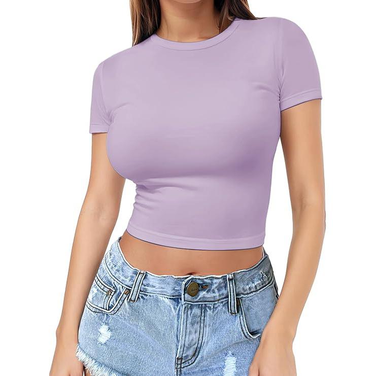 Women Crop Top Short Sleeve Crew Neck Summer Basic Tee Shirts Slim Fit Tight Y2K Going Out Tops Outfits
