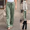 Comfortable Women Casual Pants Loose Elastic Waist Wide Leg Straight Long Trousers Solid Polyester Cotton Autumn