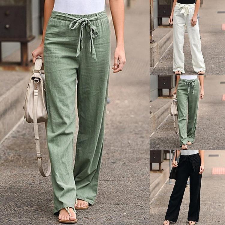 Comfortable Women Casual Pants Loose Elastic Waist Wide Leg Straight Long Trousers Solid Polyester Cotton Autumn