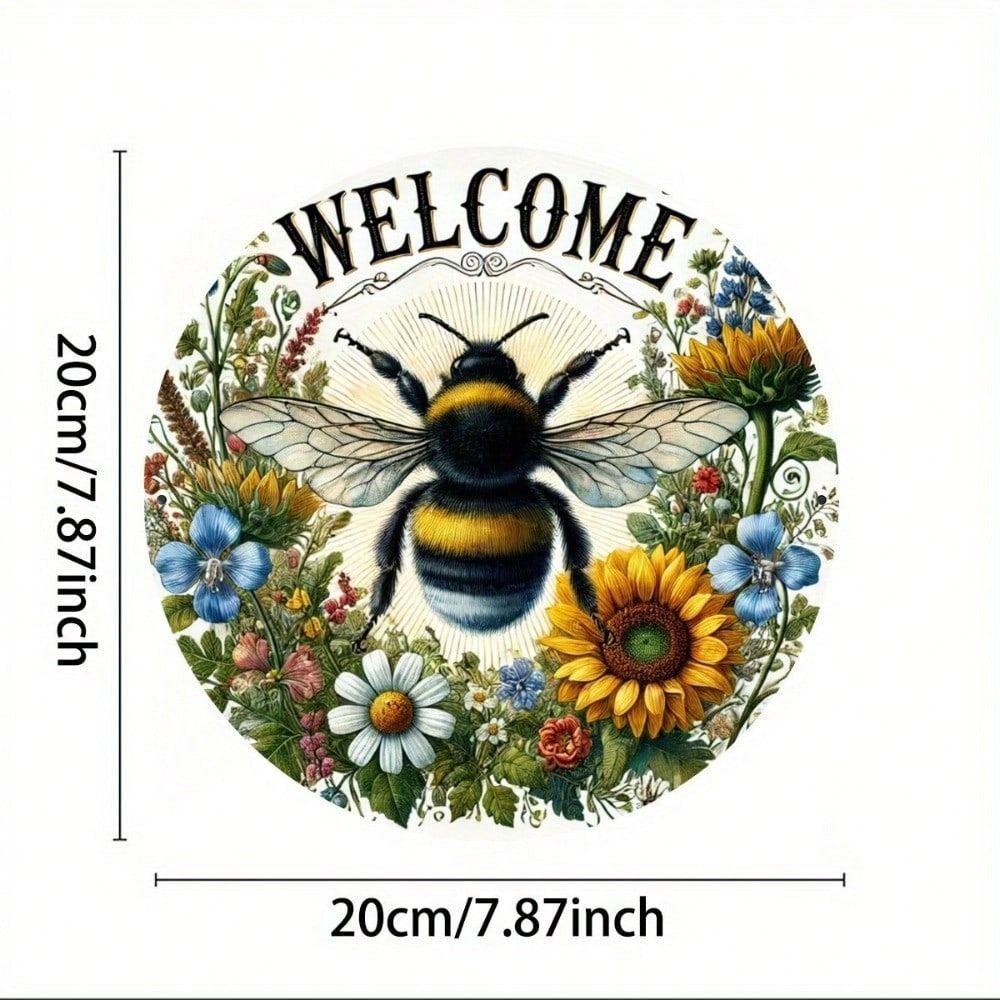 Round Metal Tin Sign 8x8 Inch Bee Flower Vintage Wall Art for Bar