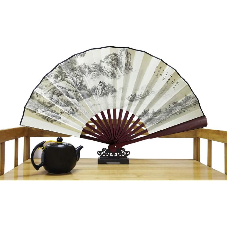 Large Folding Fan with Chinese Traditional Painting,Bamboo Fabric Hand Fans,with a Fabric Sleeve, for Performance,Decorations and Gifts,13inch