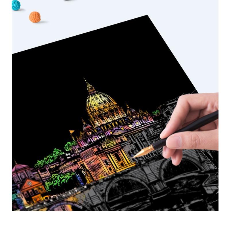 Bunte Stadt bei Nacht Kratzkunst A4 Gebäude Serie Kratzblock 4 Blatt