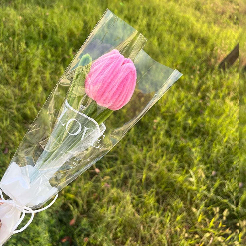 

Romantic 30cm Knitting Flower Rose Tulips Handmade Gifts Knitted Tulip Bouquet Crochet Fake Floral Wedding Party Decor рожевий
