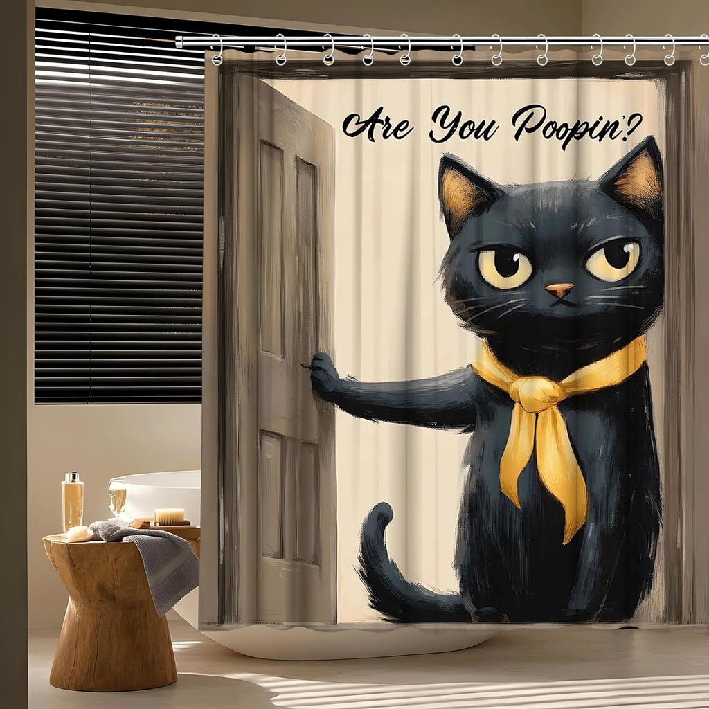 Funny Cat Shower Curtain Hilarious Cute Black Kitty Pet Retro Lovely Interesting Animal Farmhouse Wooden Door Oil Painting Bath