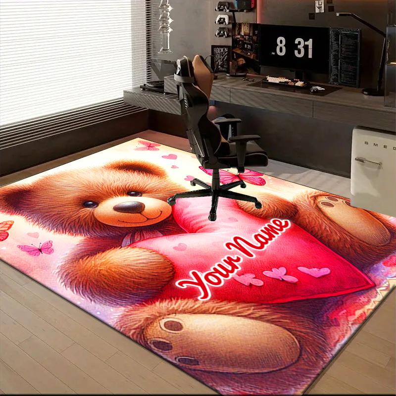 1PC Custom Name Teddy Bear Heart Theme Floor Mat Ideal for Living Room, Game Rooms, Office, Bedroom,Floor Mat Playful Design