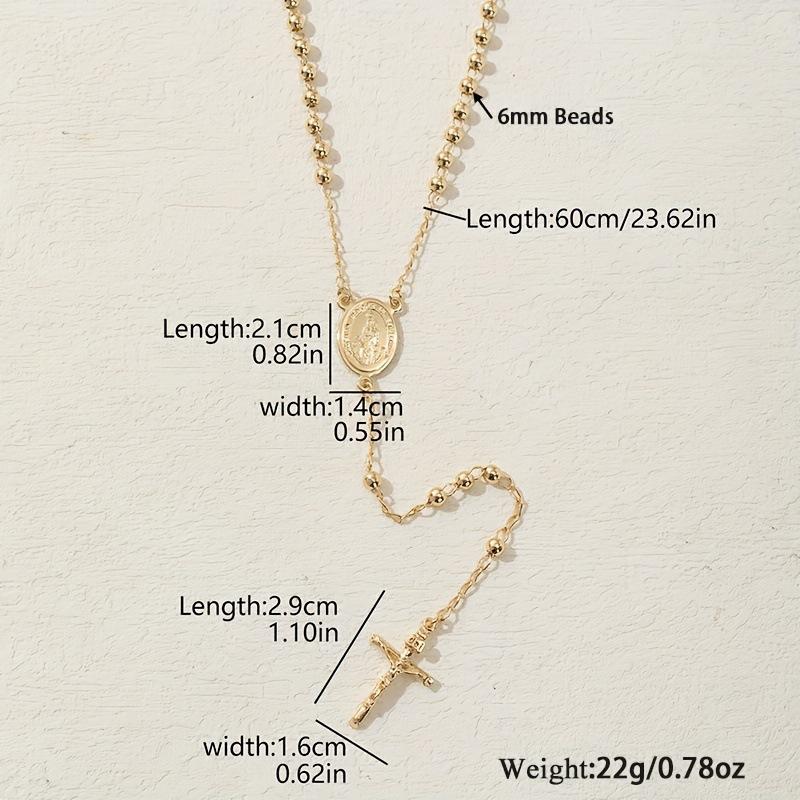 14K Gold Plated Rosary Necklace, Virgin Mary Medal Cross Pendant Beaded Chain Unisex Jewelry