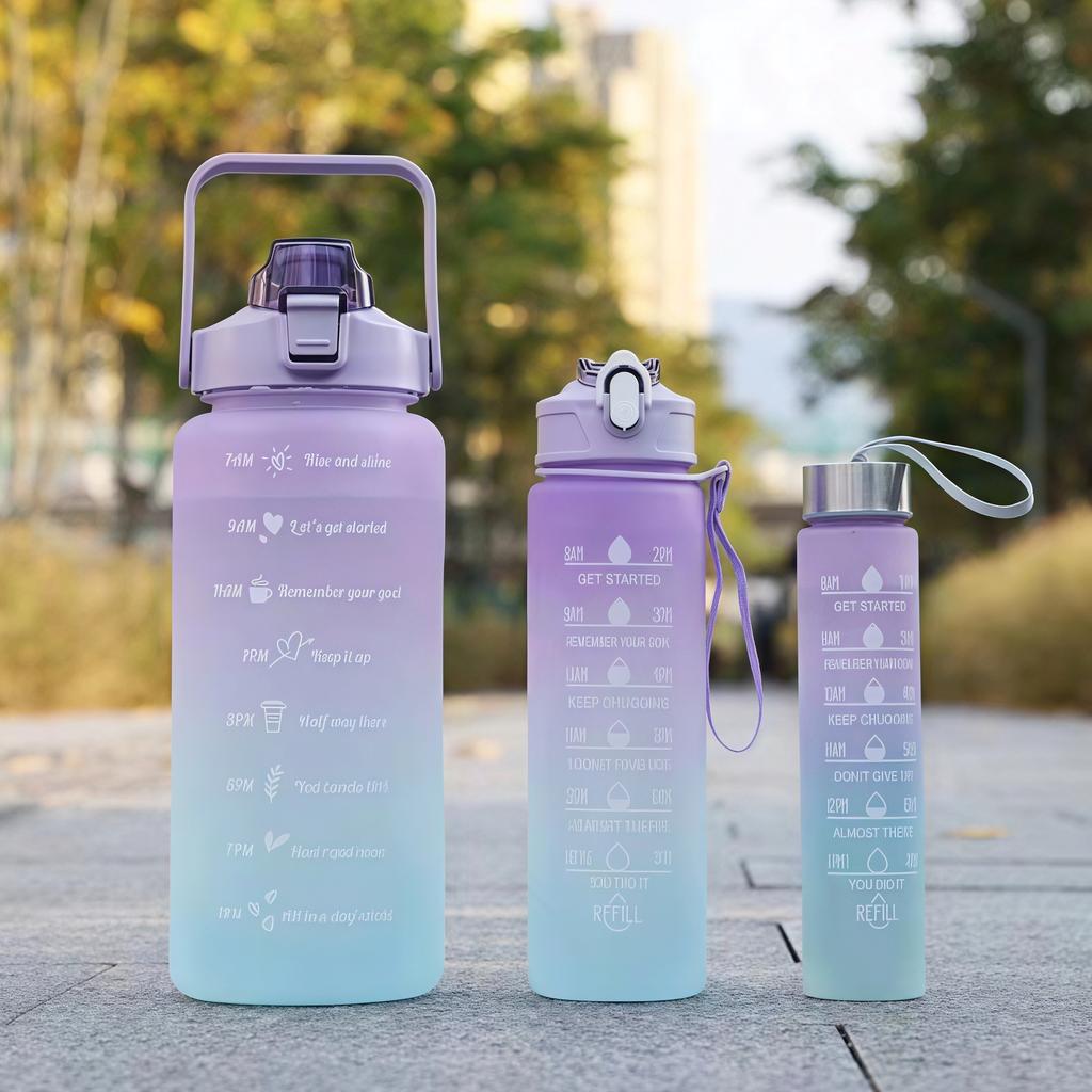 Water Bottle Explosion Spot Gradual Change Color Three Sets of Cups Large Capacity Space Cup Straw Kettle Matte Sports Portable Kettle