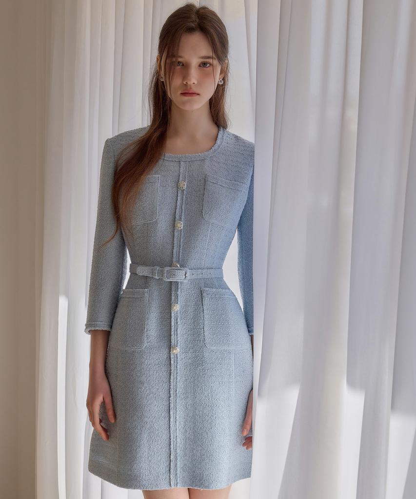 Julie And Kara 26Ss Calla136 Shebigins Bella Tweed Dress Sky Blue