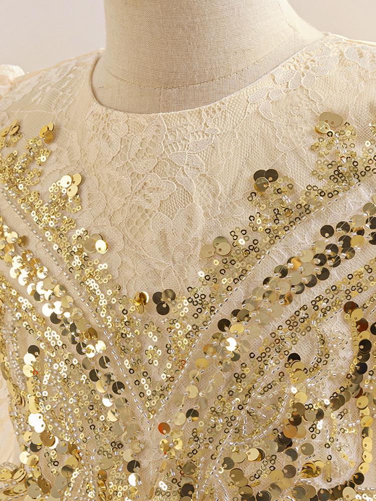 Children's Formal Princess Evening Gown - Sequined Embroidered Long Sleeve Lace Dress