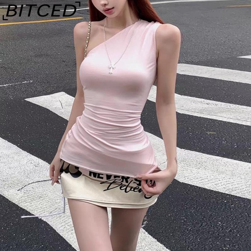 

BITCED Summer Women s Solid-Colour Slim-Fit One-Shoulder Sleeveless Top with Fashionable High-Waisted Skirt L