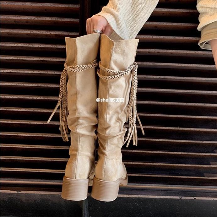 [Grape Mother of the Same Style] Egyptian Boots~ Fringed Thick Heel Medium and High Boots Western Cowboy Boots Women's Stacking Boots