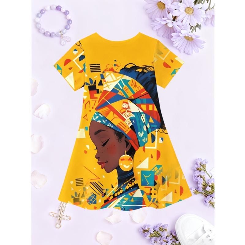 Girls' Summer Fashion Short-Sleeve Dress, Casual Dress with Star And Capybara 3D Print,