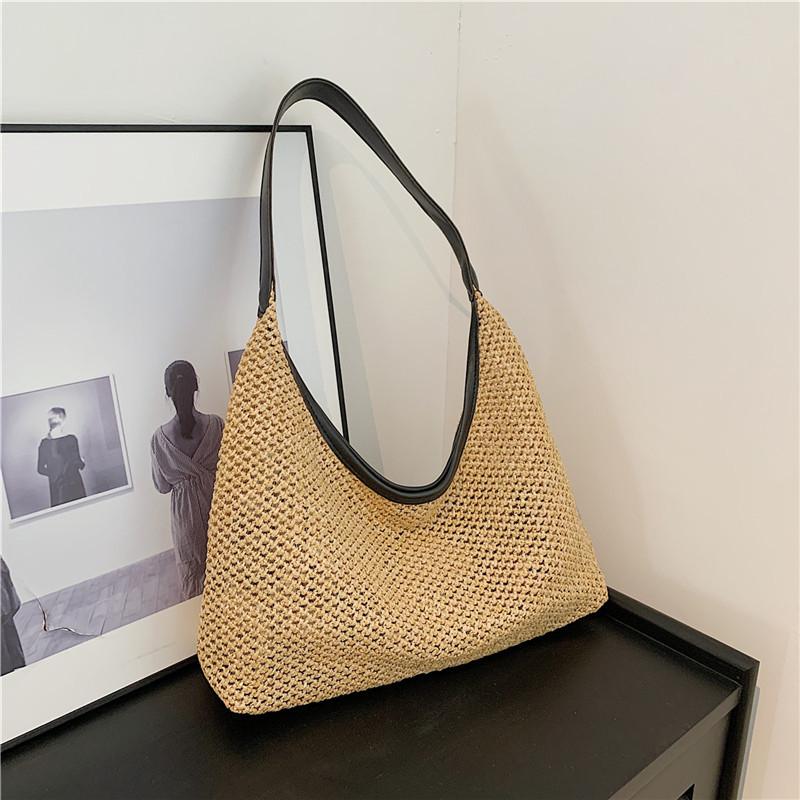 

Woven Bag Casual Bucket Bag Straw Underarm Bag Large Capacity Solid Color Shoulder Bag Women Commuting Shoulder Bag чёрный