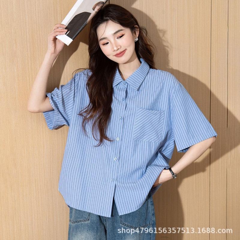 Loose Blue Striped Short Sleeve Casual Commute Shirt For Women S синий