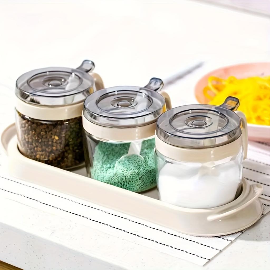 Küchengewürztopf-Set mit Gewürzbehältern, MSG-Topf, Salz- und Pfefferstreuer, Tablett - Kreative Würzung & Dekoration. Ölflasche