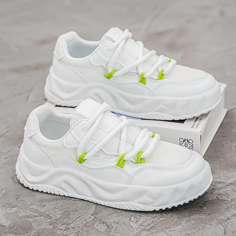 

Кроссовки мужские дизайнерские вулканизированные модные повседневные кожаные сетчатые дышащие туфли на плоской платформе с увеличенной высотой 42 белый