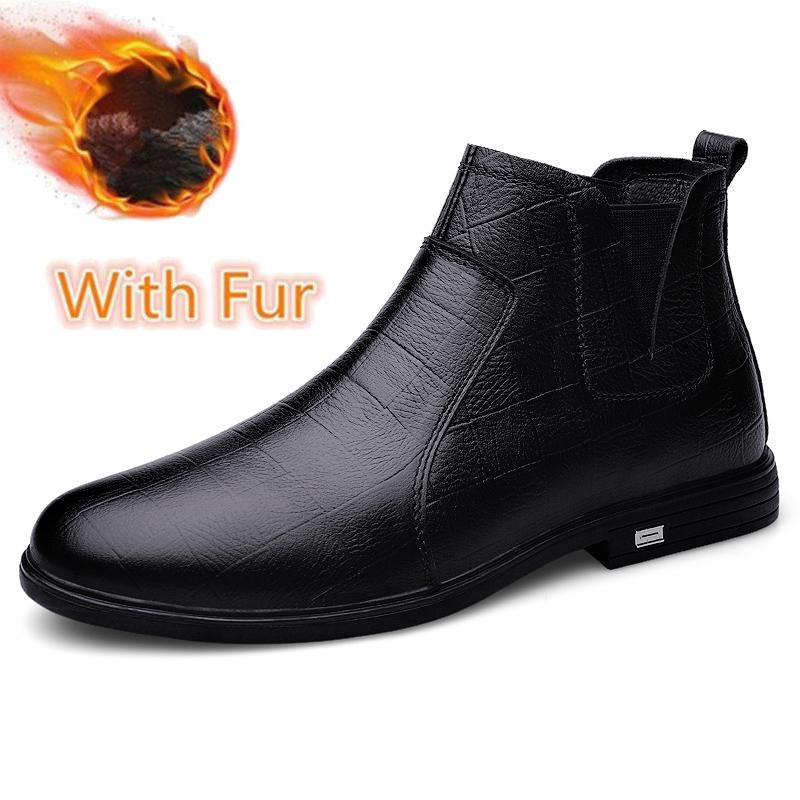 Fashion Genuine Leather Men Chelsea Boots New Arrival Man Casual Footwear Fashion Warm Plush Business Ankle Boots Outdoor Business Shoes