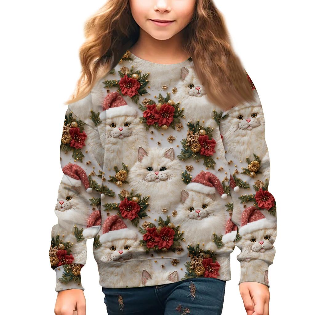 Girls Round Neck Pullovers For Kids Christmas Day Embroidery Printed Tops