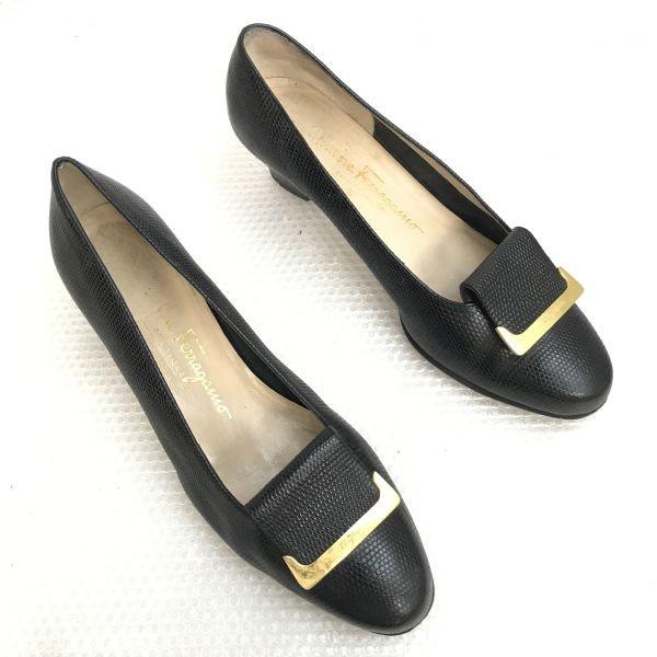 Salvatore Ferragamo Lizard Leather Pumps 6C 23 black(USED)