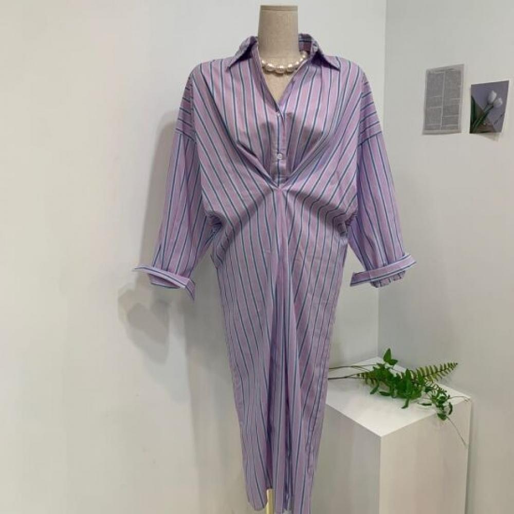 C S In The Room Mile Color bloCk Stripe Long Sleeve Collar Long dreSS 2Color C