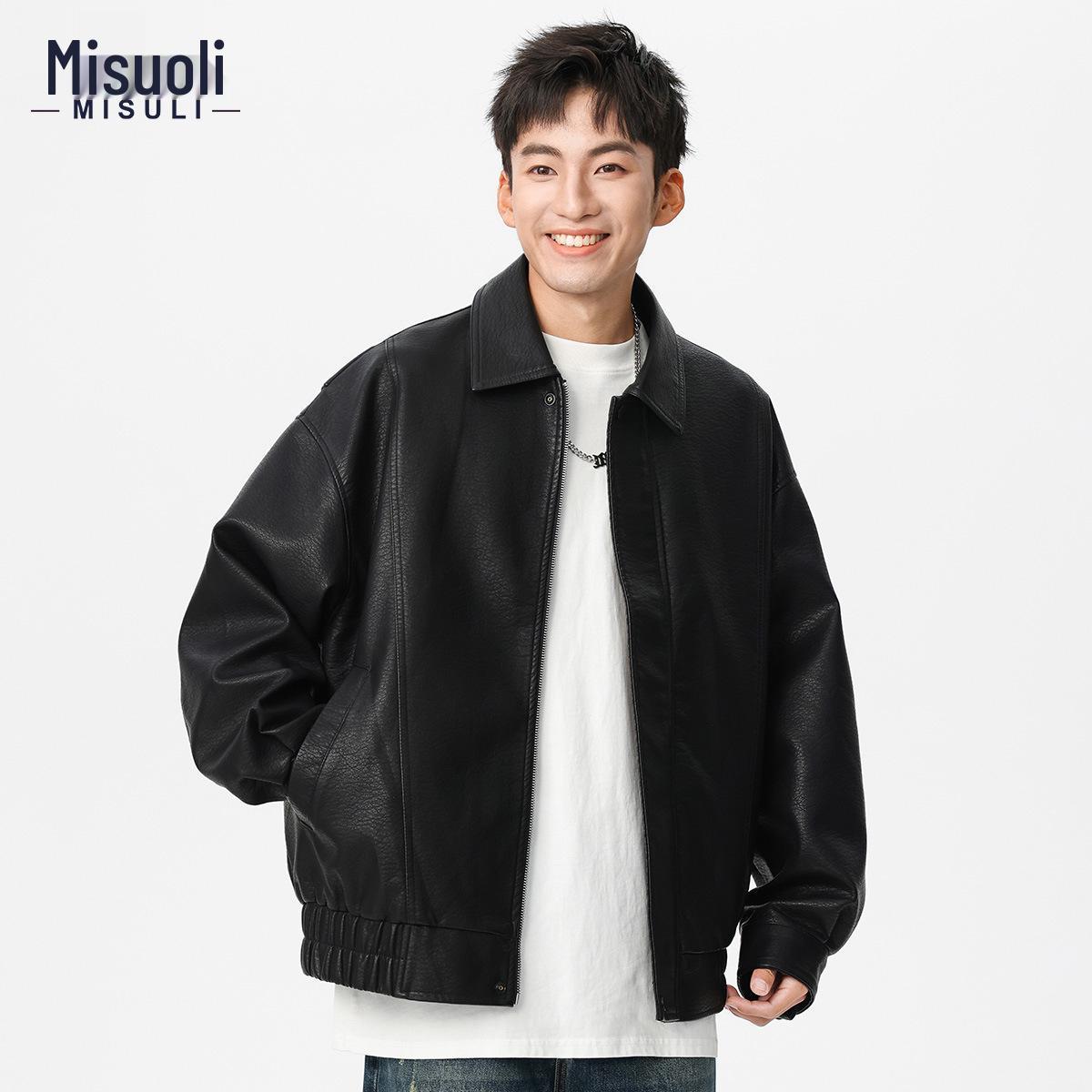 

Men s Heavyweight Retro PU Leather Jacket - Autumn Trendy, Simple Loose Black Casual Workwear Outerwear L (60-70 kg)