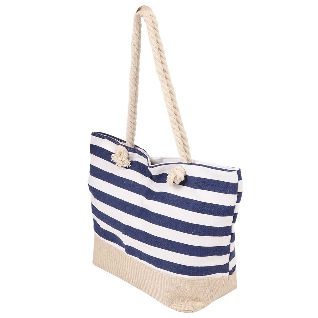 Women Canvas Shoulder Bag Stripes Printing Large Capacity Beach Bag for Shopping Traveling Navy Blue Free Size