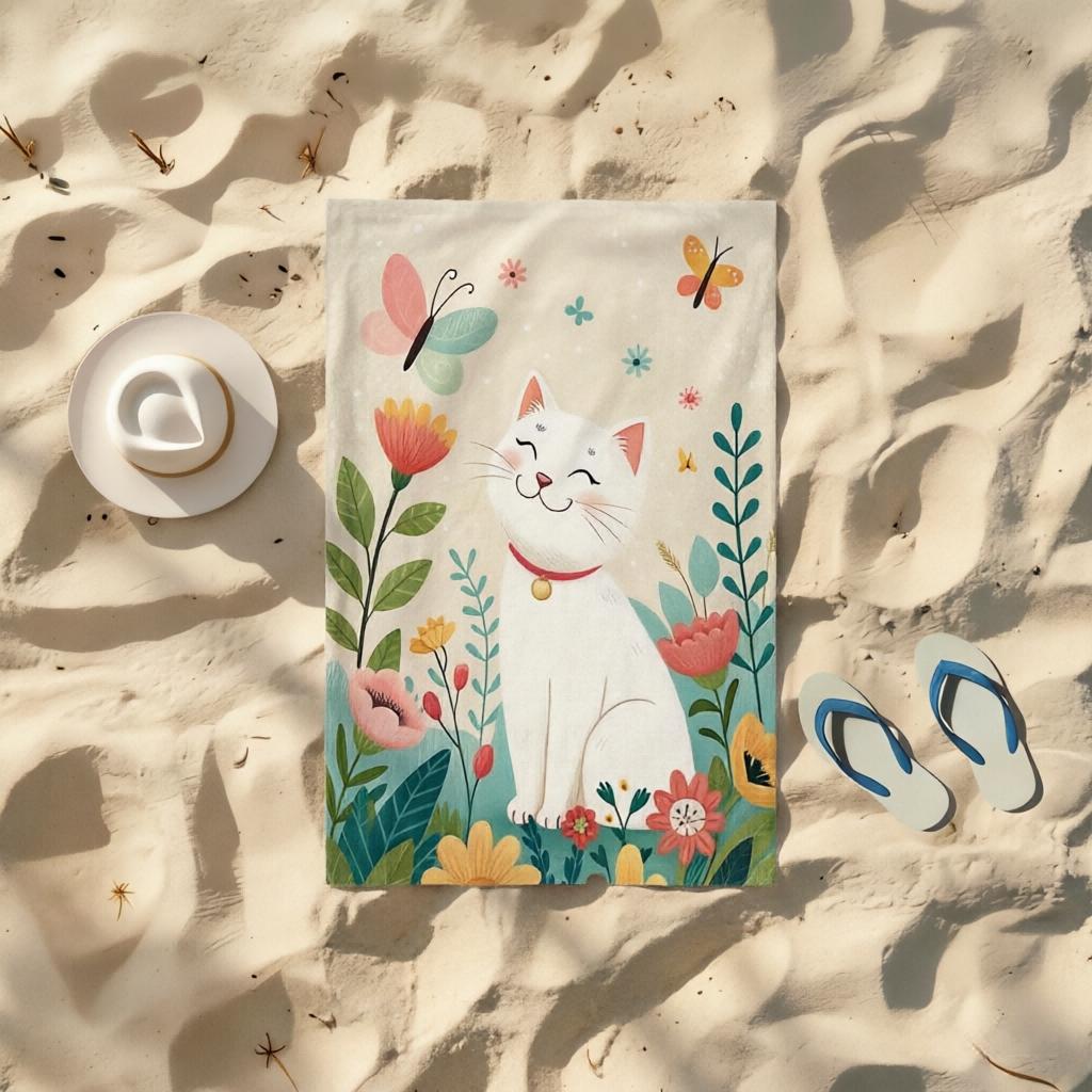 1 Pc Cute Cat Beach Towel,  Lightweight Durable, Ideal for Swimming Camping Bathing, Beach Pool Travel Daily Essential