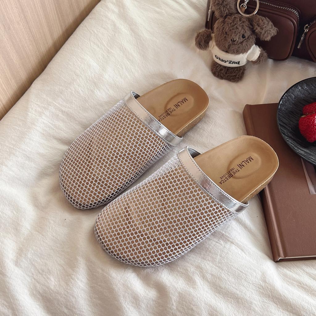 Rhinestone fishing net hollow fashionable slippers 2025 new summer fashion outer wear one pedal thick-soled bag head half slippers
