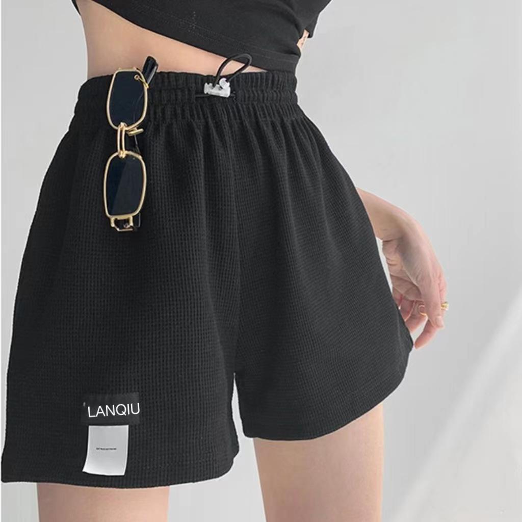 Women's High-Waist Elastic Waffle Shorts - Loose, Casual, Wide-Leg Hot Pants