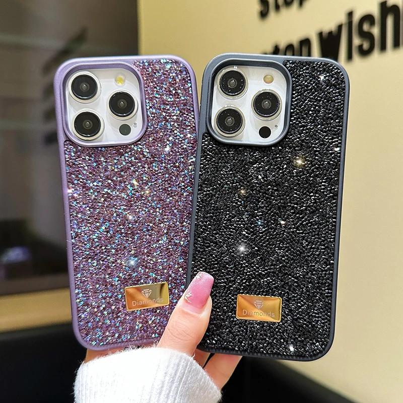 Stylish Shiny Imitation Diamond Phone Case for Iphone 16 15 14 13 12 11 Pro Max Plus INS Girl Back Shockproof Tpu + PC Hard Case