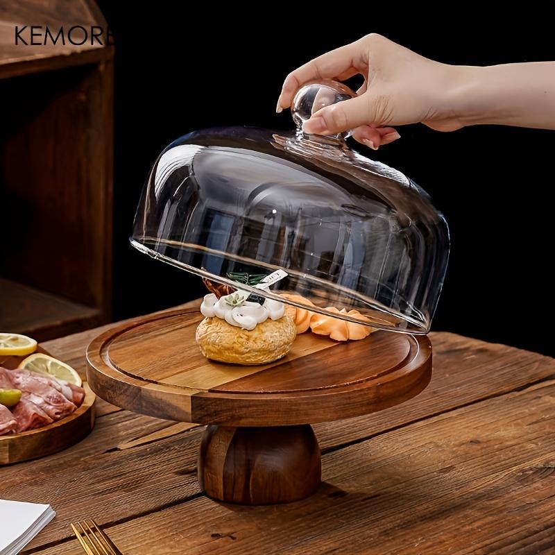 1PCS Acacia Wood Cake Tray High Foot Cake Display Tray Bread Plate With Cover Transparent Glass Cover And Without Lid Cake Stand