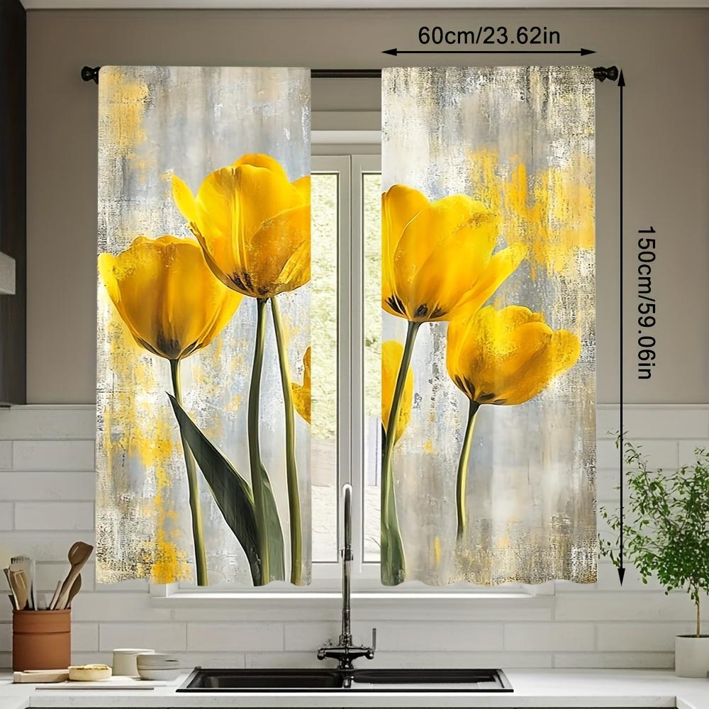 2PCS Elegant Yellow Floral Sheer Curtains Rod Pocket for Living Room Office Kitchen Bedroom Caf Holiday Home