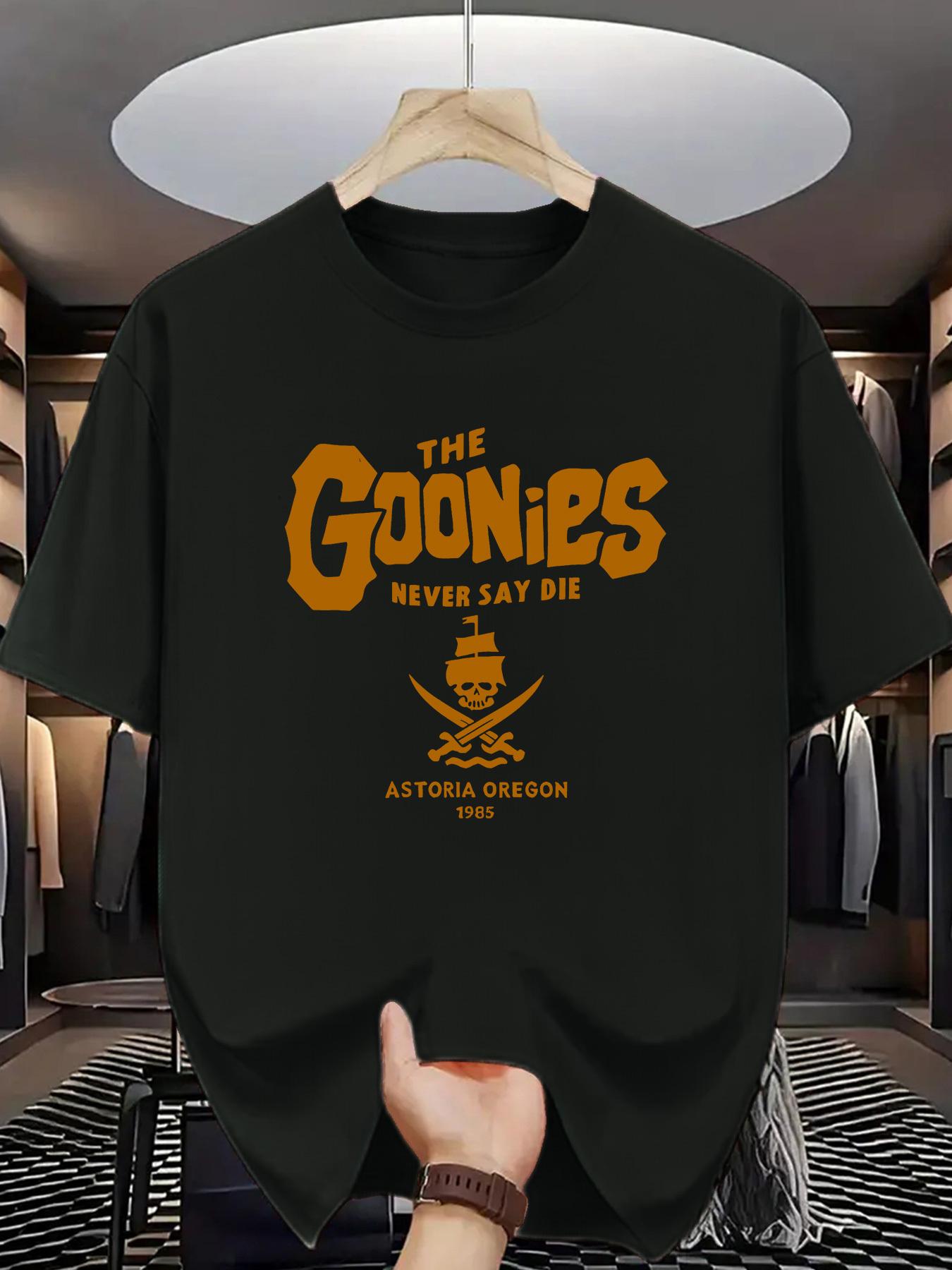 Goonies Never Give Up Vintage Graphic TShirt  1985 movie design bright blueorange print casual shortsleeved shirt S