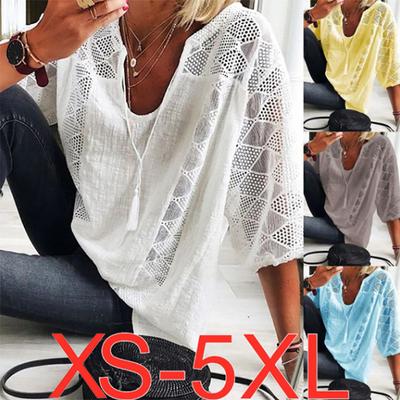 Women Fashion V-Neck Lace Patchwork Loose Blouse Plus Size 3/4 Sleeve Cotton and Linen Solid Autumn Shirts Tops