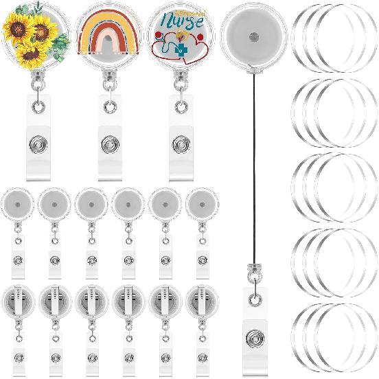 Sabary 60 Pieces DIY Retractable Badge Holder Reels and Clear Circle Acrylic Sheet Badge Reel Blanks with Alligator Clips DIY Nurse Teacher Kids