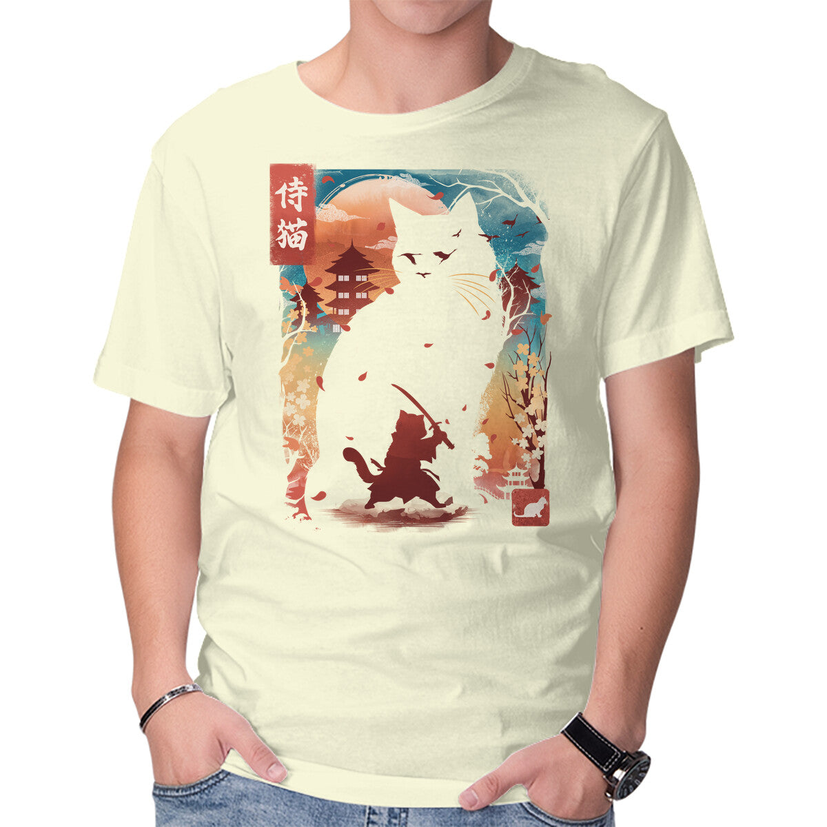 Unisex Crew Neck T-Shirt Samurai Cat Landscape Graphic Short Sleeve Casual Tee XXXXL