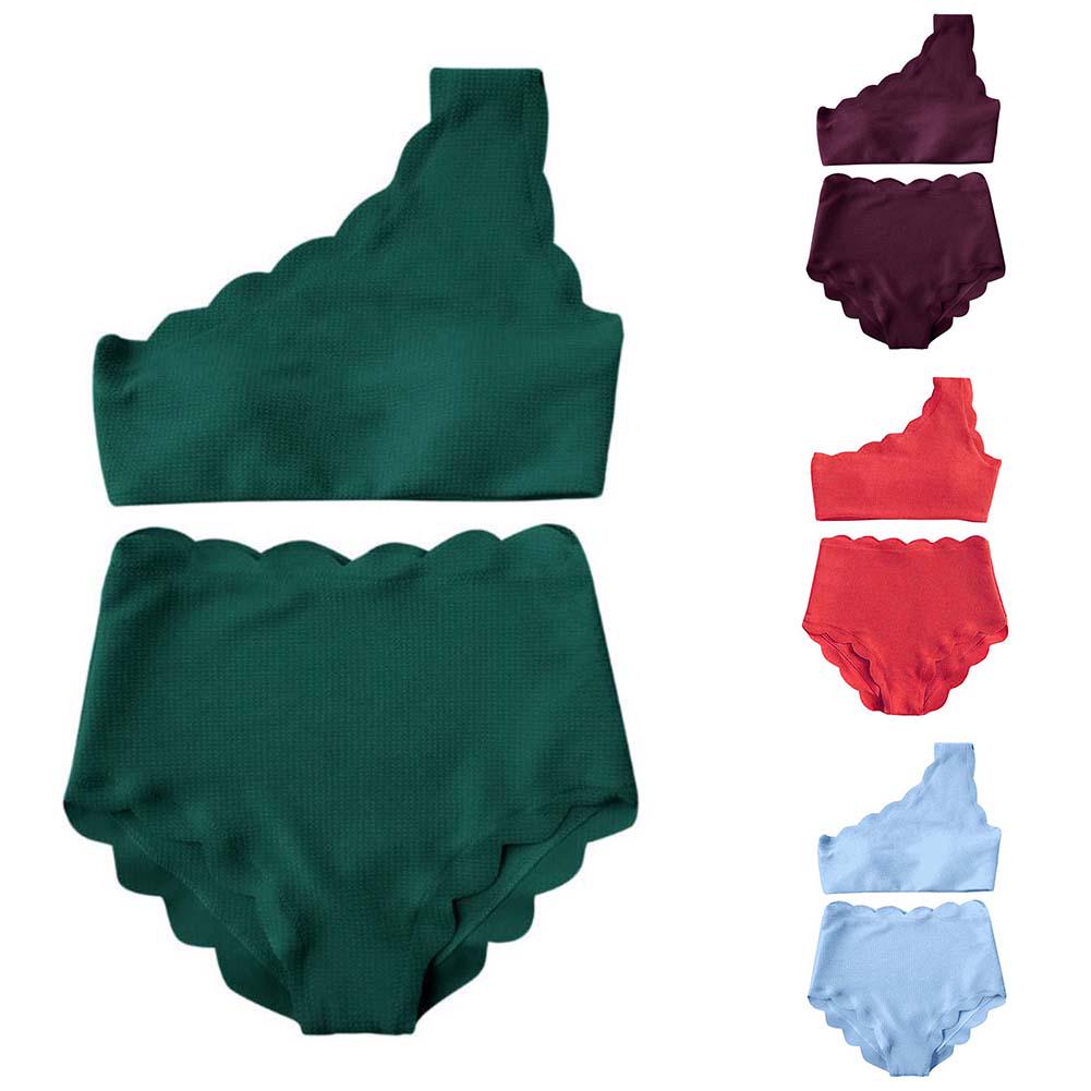 Buy 2Pcs Fashion Women One Shoulder High Waist Scalloped Bikini Set Summer Swimwear at