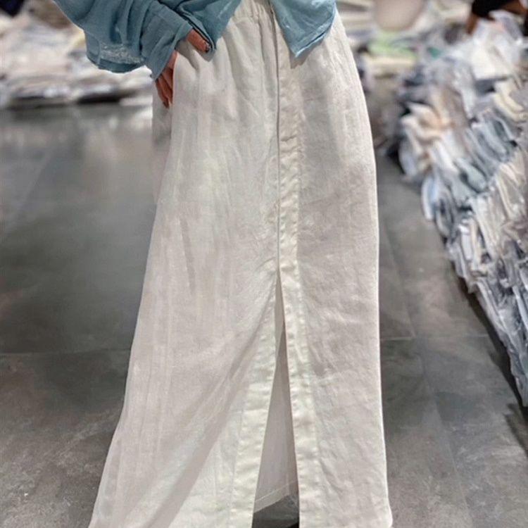 Damen Französischer Minimalistischer Weißer Leinen Midi-Rock - Elastischer Bund Slim-Fit Schlitz vorne Langer Rock für Sommer