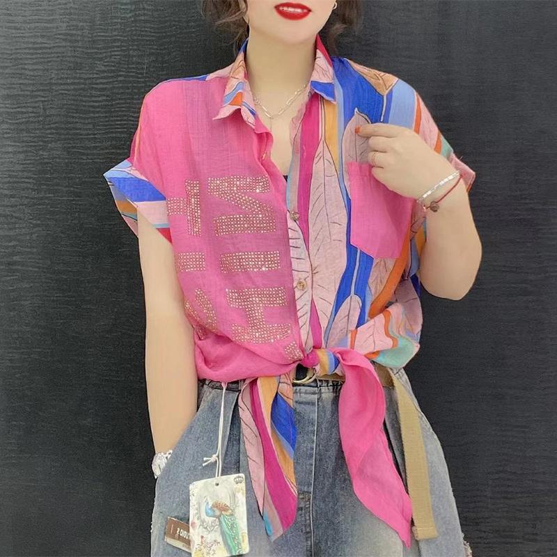Y2K Summer Casual Fashion Diamonds Patchwork Chiffon Shirt Lady Short Sleeve Loose All-match Buttons Tops Women Printed Blouse