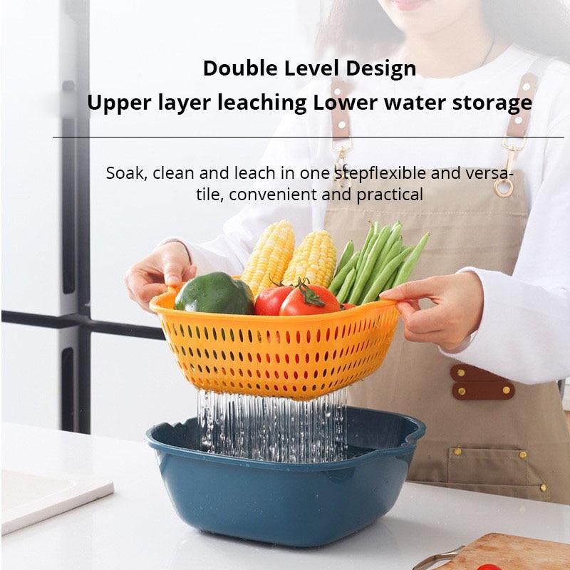 Double layer vegetable washing basin, drain basket, kitchen, fruit tray, living room, household vegetable basket, water filter