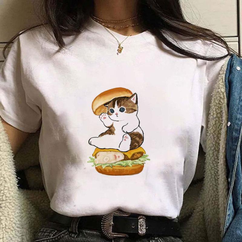 Cute Cat Print Short Sleeves Women's Tshirt Fashion Streetwear Y2k Clothing Sportwear Harajuku Pullover Tops Tees Summer Spring